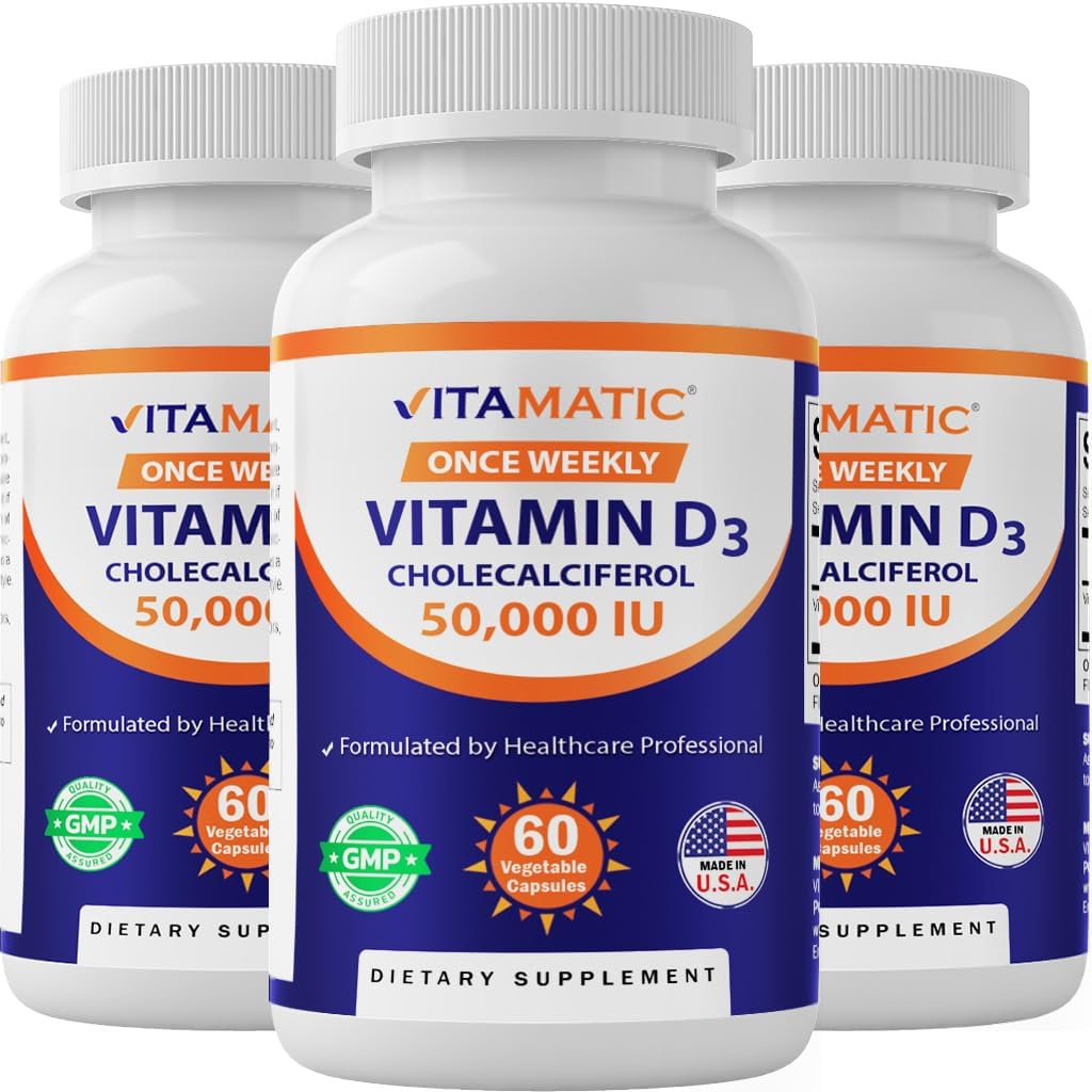 Vitamatic 3 Pack Vitamine D3 50 000 UI (sous forme de Cholecalciferol), Une fois par semaine Dose, 1250 mcg, 60 Capsules de Veggie 1 an d'approvisionnement, Formule progressive d'aide aux carences en vitamine D