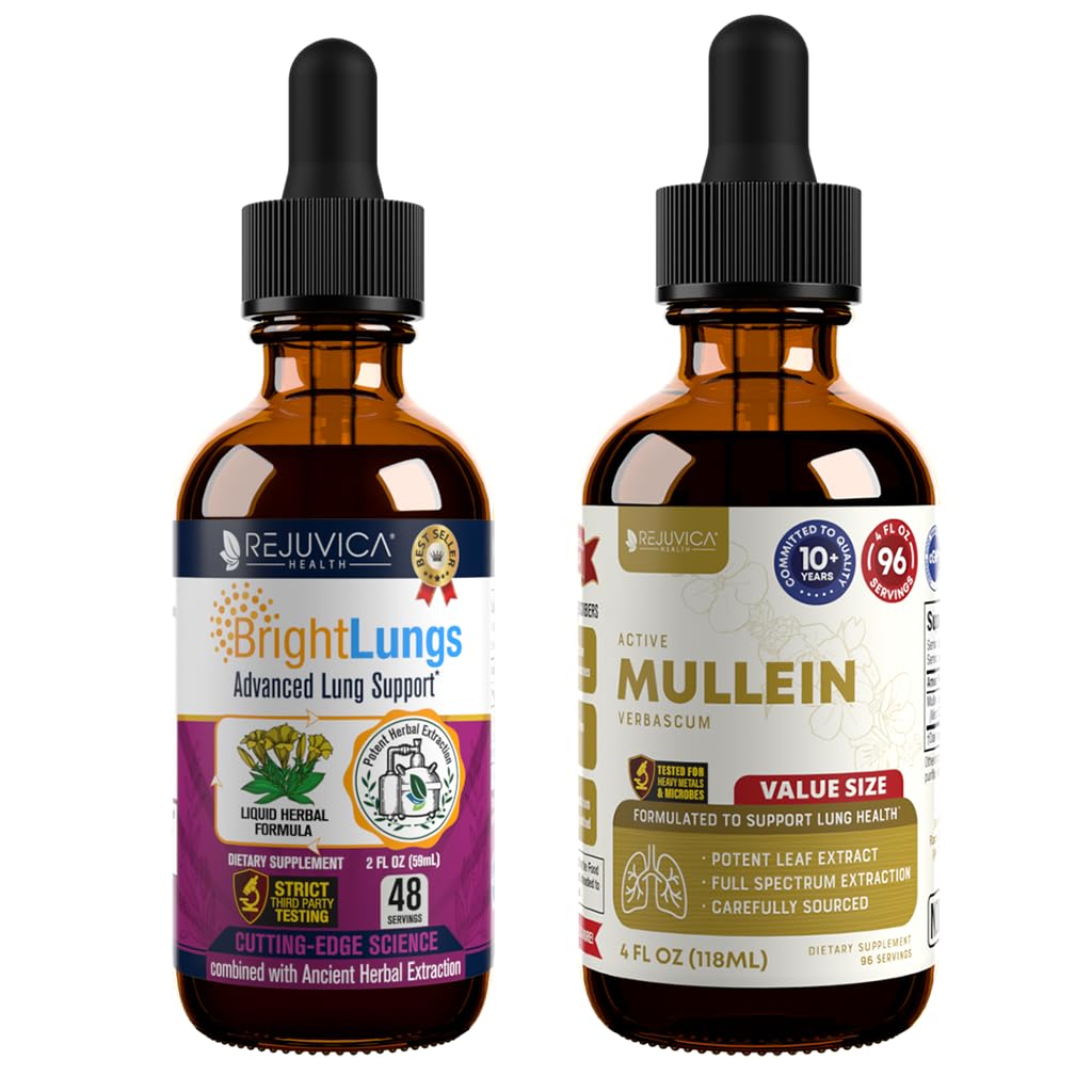 Rejuvica Health Bright Lungs & Active Mullein Bundle - Lung Detox & Respiratory Support - Grindelia, Lobelia, Licorice for Lung Cleanse, Mucus & Sinus Health