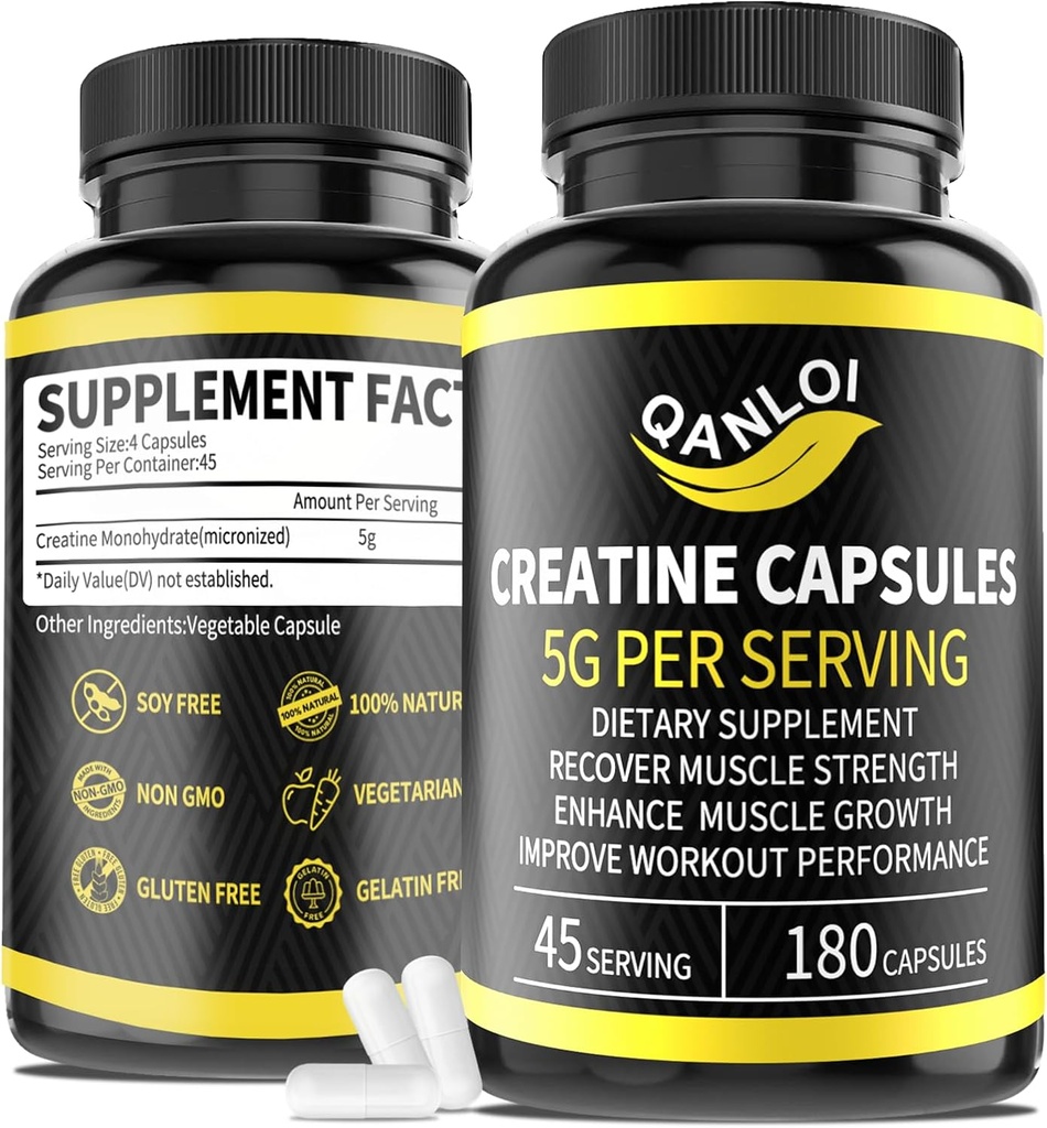 Capsules monohydratées en créatine micronisées, 5 000 mg par portion, utiles pour la croissance musculaire, la stimulation énergétique, les pilules en créatine adaptées aux hommes et aux femmes, non OGM, sans gluten, 180 capsules