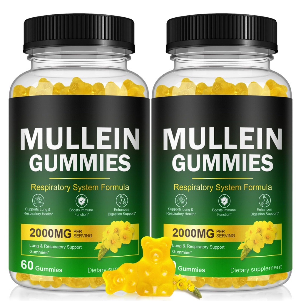 Mullein Gummies for Lung Detox, 2000mg Mullein Leaf Extract for Respiratory & Digestive & Immune Support w/Quercetin, Bromelain, Elderberry & Marshmallow, Vegan 120 Gummies