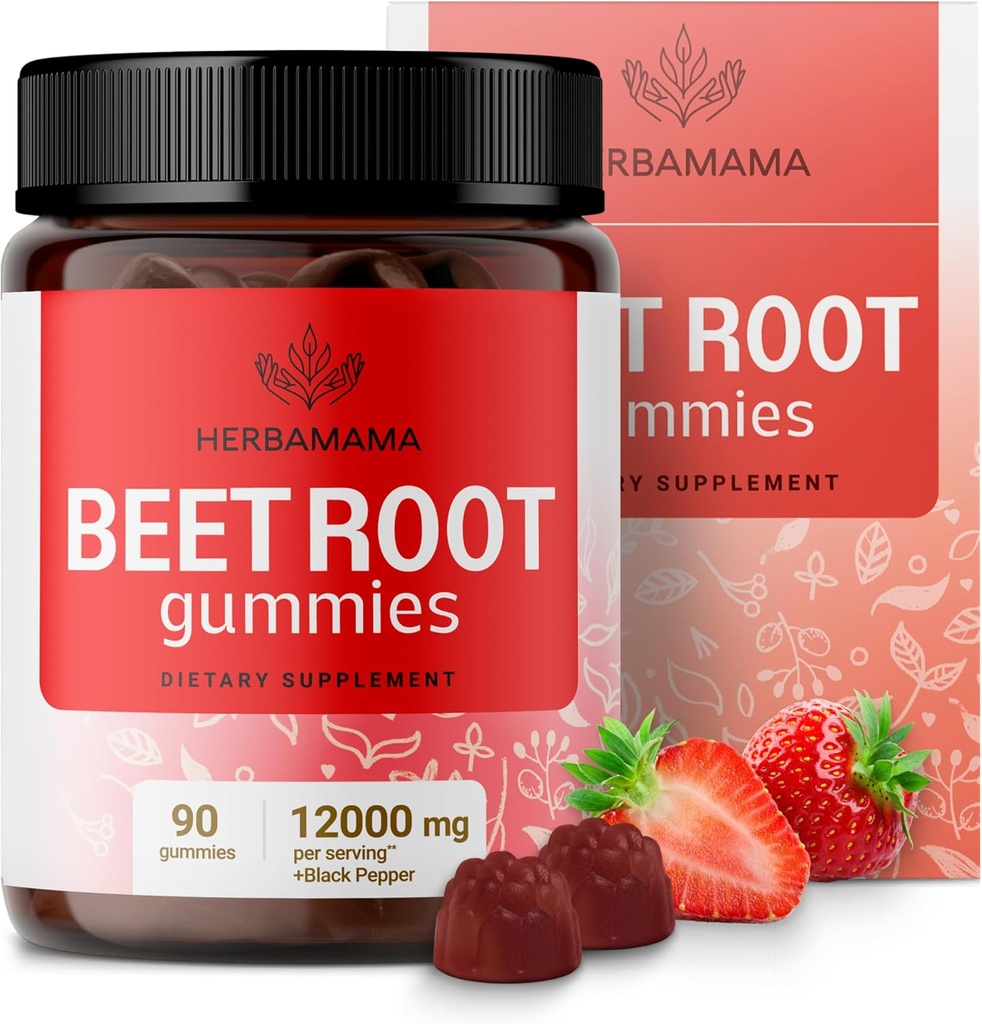 Gommies de racines de betteraves HERBAMAMA - 12000mg Betteraves rouges avec extrait de poivre noir pour un soutien global - Vegan, Supplément anti-oxydant non-OGM - 90 Pectines à base de fraises aromatisées