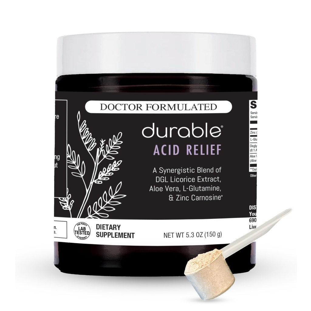 Durable Acid Relief – DGL & Aloe Vera – Supports Occasional Heartburn, Indigestion & Reflux – Gut & Digestive Health – Doctor Formulated, Vegan, Non-GMO, Made in USA – Powder, 30 Servings
