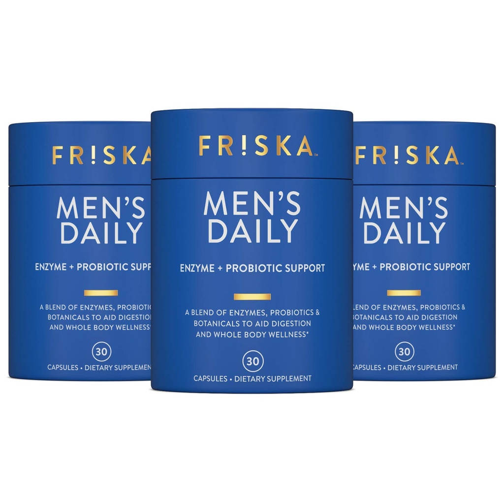 Supplément quotidien digestif et probiotique de FRISKA pour hommes, soutien naturel pour la santé digestive masculine, ballonnement, gaz, soulagement de l'indigestion, soutien de la santé des Guts, lactase et B-vitamines, 90 capsules