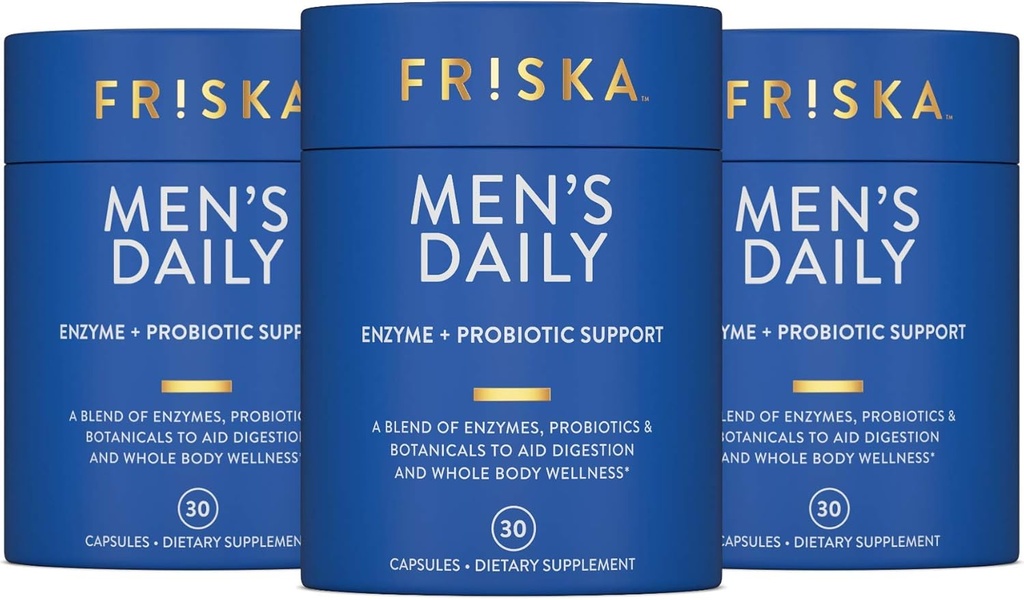 Supplément quotidien digestif et probiotique de FRISKA pour hommes, soutien naturel pour la santé digestive masculine, ballonnement, gaz, soulagement de l'indigestion, soutien de la santé des Guts, lactase et B-vitamines, 90 capsules