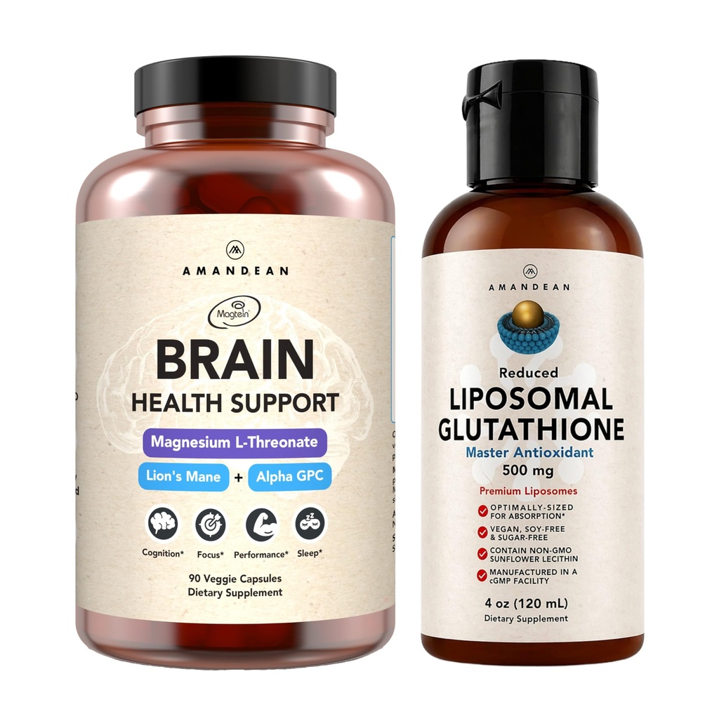 AMANDEAN Premium Cerveau Supplément Santé et Glutathion Liposomique Bundle. Formule triple avec Magnésium L-Thréonate, Lion biologique américain-Grown Mane 6:1 Extrait, et Alpha-GPC.