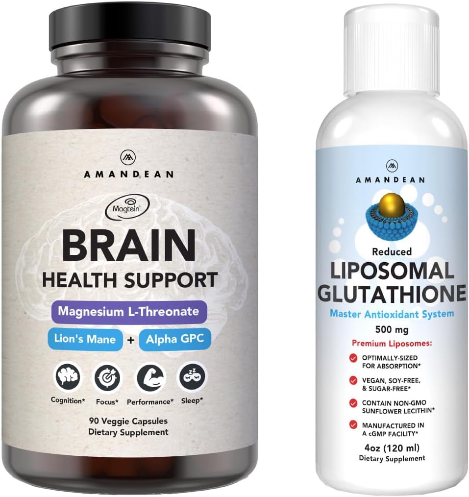 AMANDEAN Premium Cerveau Supplément Santé et Glutathion Liposomique Bundle. Formule triple avec Magnésium L-Thréonate, Lion biologique américain-Grown Mane 6:1 Extrait, et Alpha-GPC.