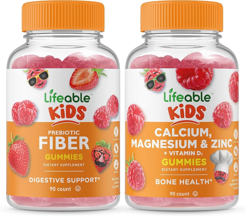 Fibre prébiotique vivace enfants + Calcium Magnésium & Zinc enfants, Gommies Bundle - Grande dégustation, supplément de vitamine, sans gluten, sans OGM, gommy à croquer