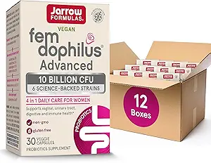Formules de Jarrow Probiotiques avancés Fem-Dophilus 10 Million CFU avec 6 souches à dos scientifique, pour le soutien vaginal, urinaire, digestif et immunitaire, 30 capsules de légumes, plateau-stable, boîte de 12