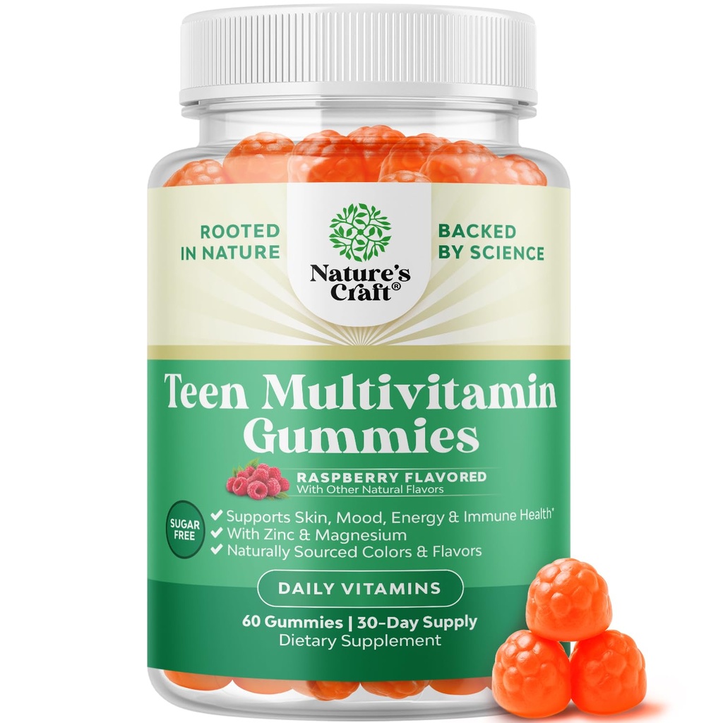 Adolescent Multivitamine Gummies 12-17 - Adolescents Garçons et Filles Vitamines Gummy pour une meilleure peau, la force immunitaire, l'humeur et le soutien énergétique - Suppléments pour adolescents avec Zn, Mg, Vitamine A, C, D & E - 60 Ct