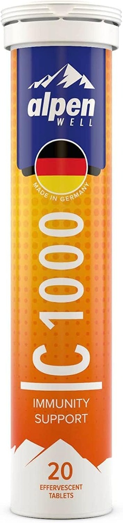 Best-seller - AlpenWell Vitamine C - 1000mg + Zinc - Immune Support - 20 comprimés de boisson vitaminique effervescente, Pas de sucre + supplément faible en calories, Arôme orange [Sans sucre]
