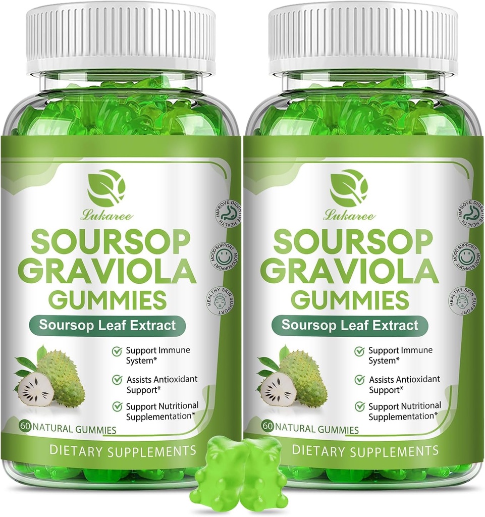 (2 Pack) Gommies de Sourop Graviola - Feuilles de Sourop Extrait avec Vitamine C, Zinc et aliments naturels entiers pour l'immunité, le foie, le zzz et l'antioxydant, sans gluten, végétalien, 120 Gommies