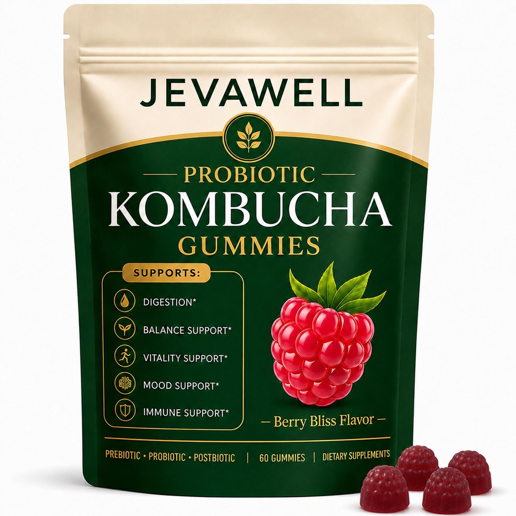 JEVAWELL Probiotic Kombucha Gummies - Prebiotics, Probiotics & Postbiotics - Slippery Elm Bark, Dandelion Root, Soluble Fiber & MCT Oil - Daily Gut Health & Digestive Comfort Support - 60 Count