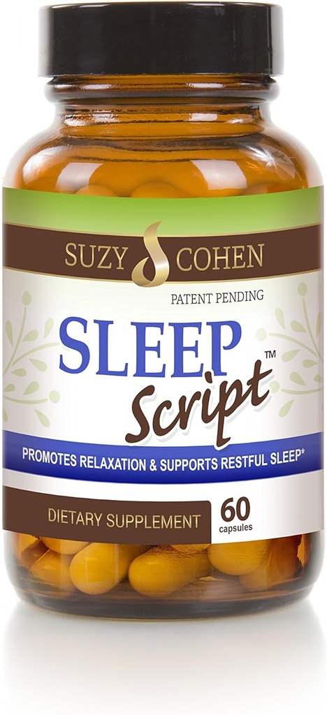 Suzy Cohen Sleep Script avec Melatonine - Formule Botanique de Sommeil et de Relaxation pour les adultes pour l'humeur, le stress et le sommeil, contient 5-HTP, L-théanine, Passionflower, Lemon Baume et GABA 60 Capsules.
