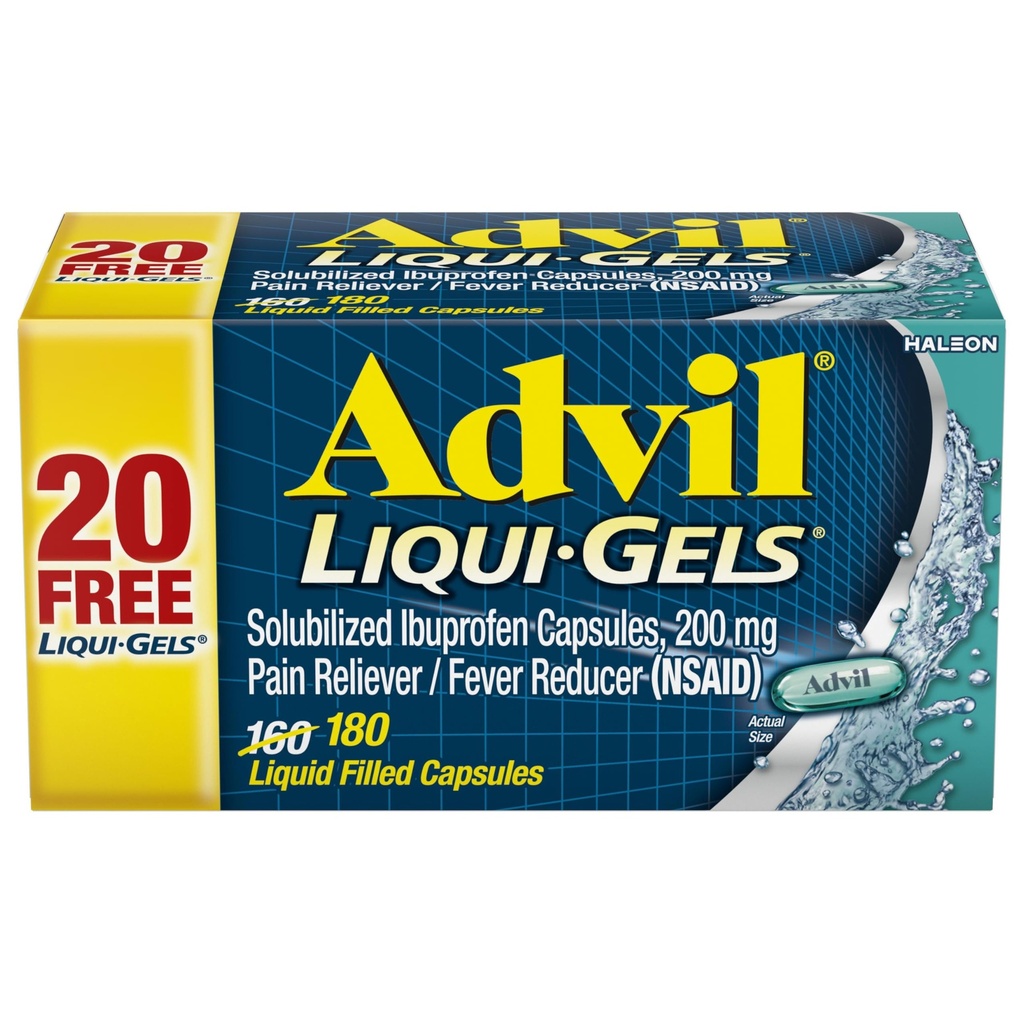 Advil Liqui-Gels Pain Reliever and Fever Reducer, Pain Medicine for Adults with Ibuprofen 200mg for Headache, Backache, Menstrual Pain and Joint Pain Relief - 180 Liquid Filled Capsules