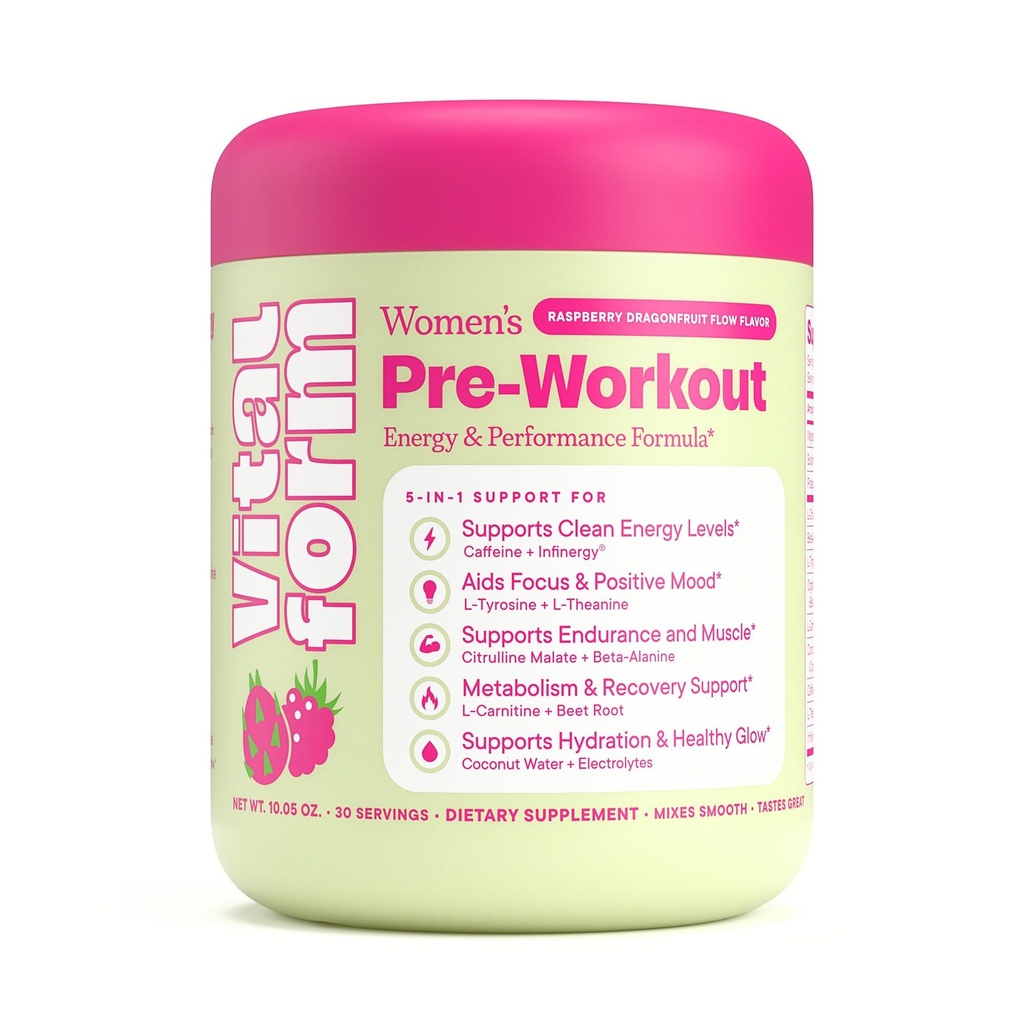 Women's Pre Workout Powder - Clean Energy, Focus, & Endurance Supplement - 190mg Caffeine, L-Citrulline, Beta Alanine, L-Theanine - Sugar Free & Vegan - Raspberry Dragonfruit, 30 Servings