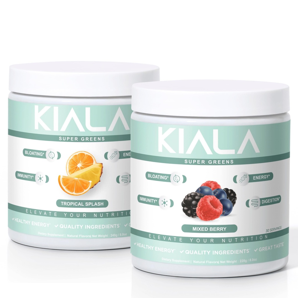 Kiala Nutrition Super Verts, Poudre de Verts Biologiques, Spiruline et Chlorella Superfood Poudre, Vegan sans sucre et sans gluten, Spectra Blend, Tropical Slush, Mixed Berry 2 Pack