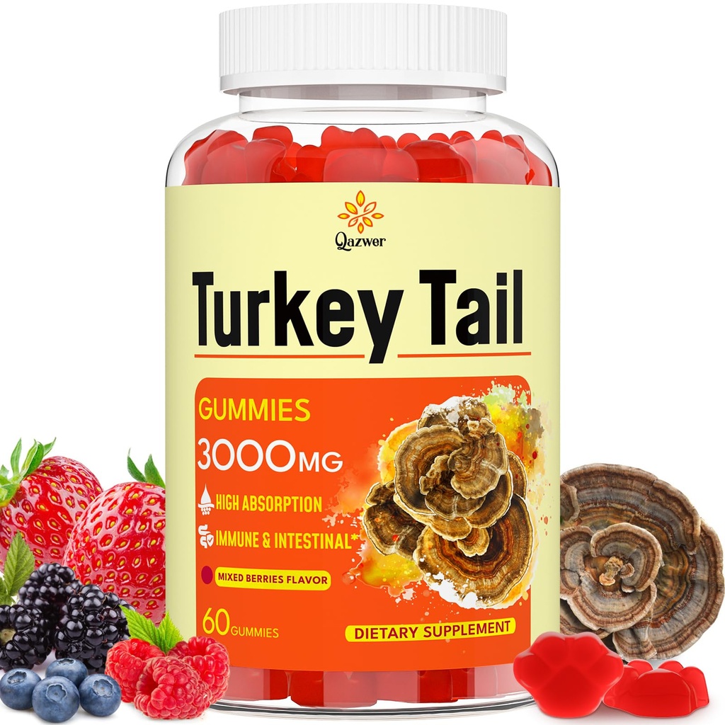 Turkey Tail Mushroom, Turkey Tail (100% Fruiting Body, 40% Beta Glucans) add Black Pepper, Mushroom Gummies for Gut, Energy, Brain & Immune Support, Mixed Berries Flavor | Vegan, Non-GMO, 60ct