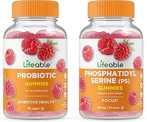 Phosphatidylsérine biologique (PS) + Probiotique 2 milliards CFU, Gummies Bundle - Grande dégustation, supplément de vitamine, sans gluten, sans OGM, gummy à croquer