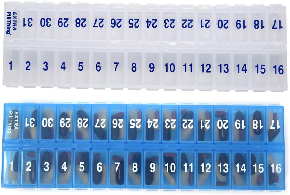 AM PM 31 Day Once-a Day Monthly Pill Planner Organizers - Large Compartment Pill Boxes Store Medications for Entire Month Plus Compartment for Extra Pills (AM/PM Clear & Blue) BPA Free