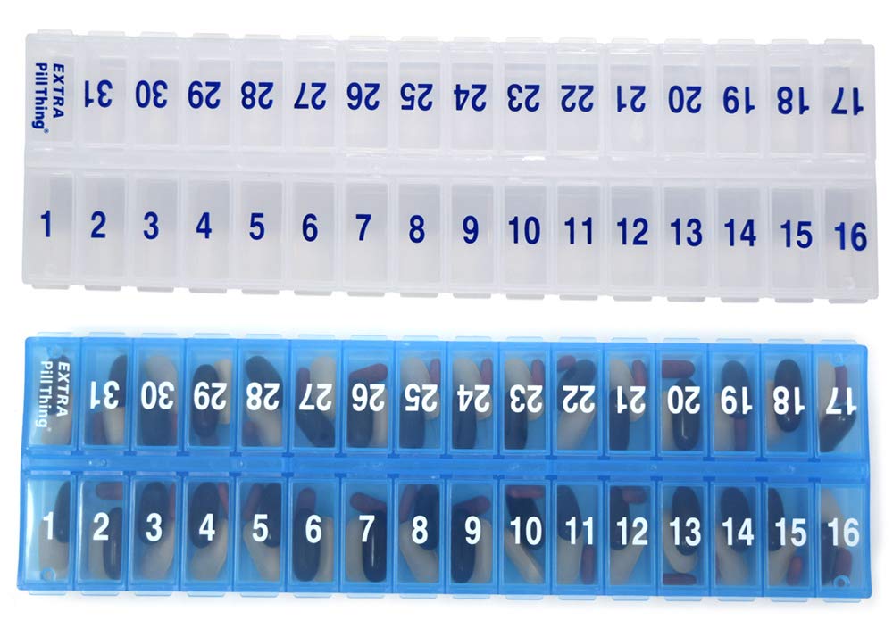 AM PM 31 Jour Une fois par jour Organisateurs mensuels Planificateurs de pilules - Grandes boîtes à pilules Compartiment Magasinez des médicaments pour tout le mois Plus Compartiment pour les pilules supplémentaires (AM/PM clair et bleu) BPA Gratuit