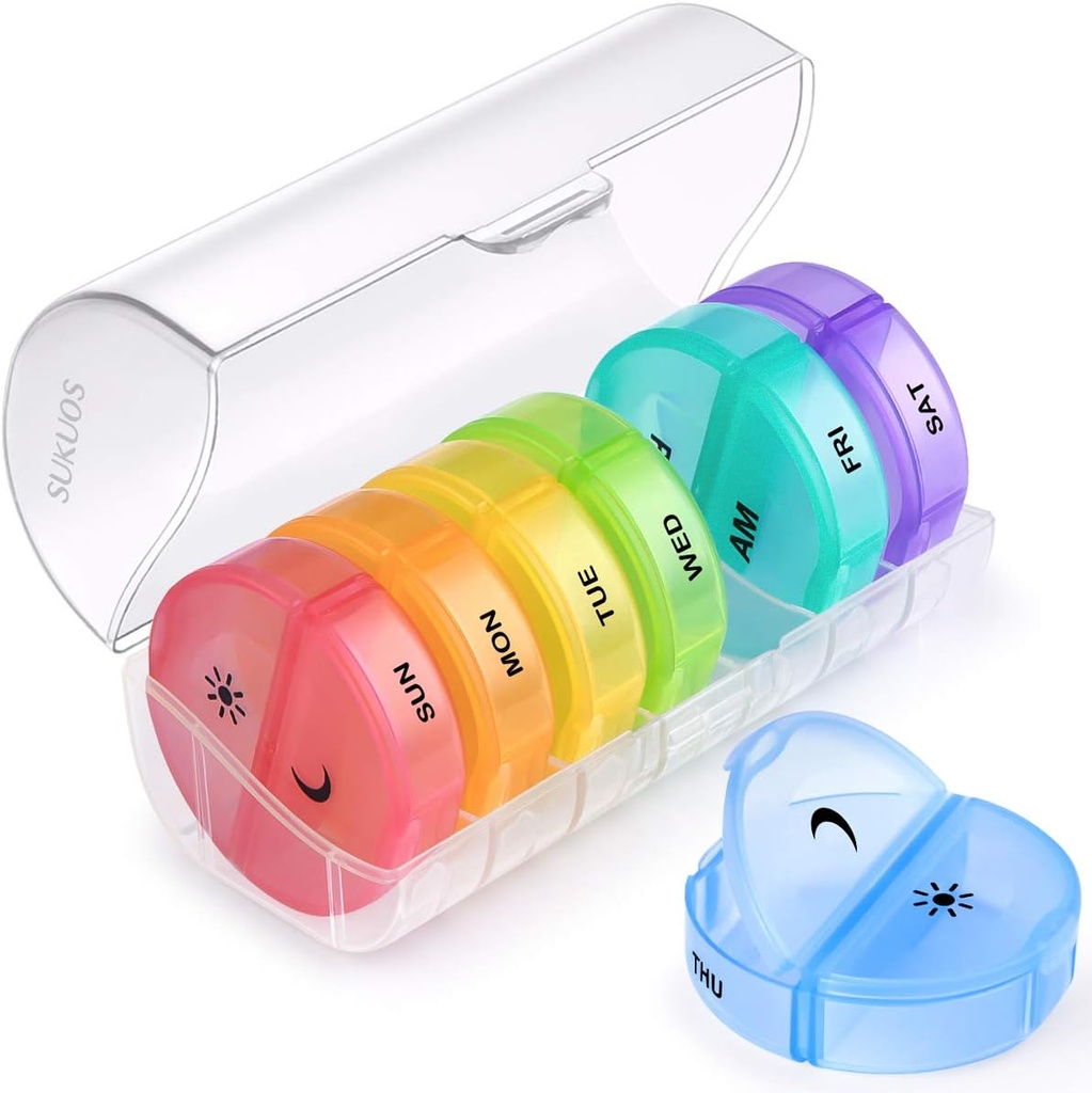 Sukuos Grand organisateur hebdomadaire de pilules 2 fois par jour, boîte à pilules quotidienne 7 jours Facile à ouvrir avec double protection, AM PM Pill Case pour la médecine/vitamine/huile de poisson/Suppléments (Clear)