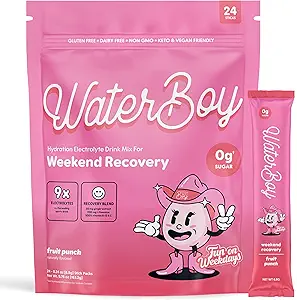 Waterboy Weekend Recovery x FOW=3 200mg Électrolyte Powder Packets=" Ginger + L-Theanine + Vitamines=" Pas de sucre, tout naturel, sans gluten=" 24 boissons Mélanges de bâtons (Fruit Punch)
