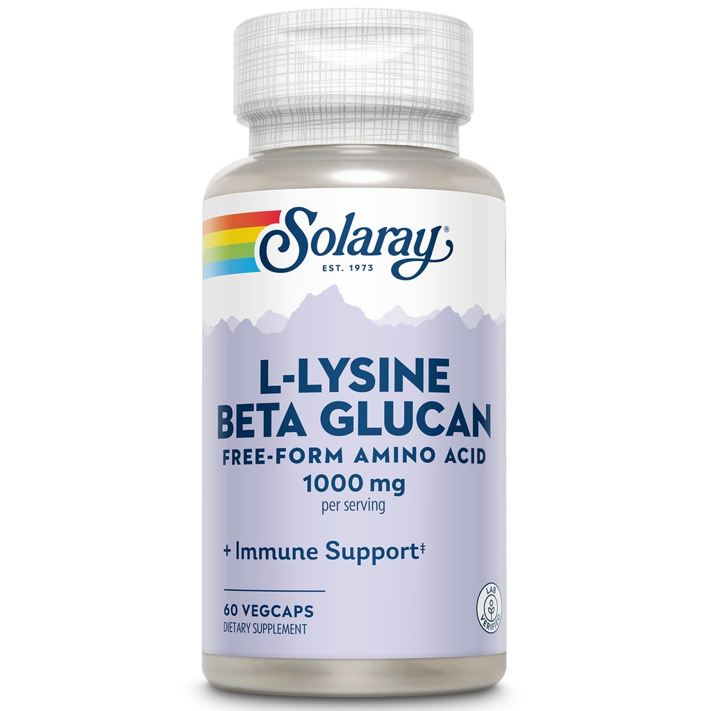 SOLARAY L-Lysine avec Beta Glucan, formule libre Amino Acid, L-Lysine 1000mg Capsules, supplément de soutien immunitaire, protection de la peau et des lèvres, garantie de 60 jours, vérification de laboratoire, 30 portions, 60 VegCaps