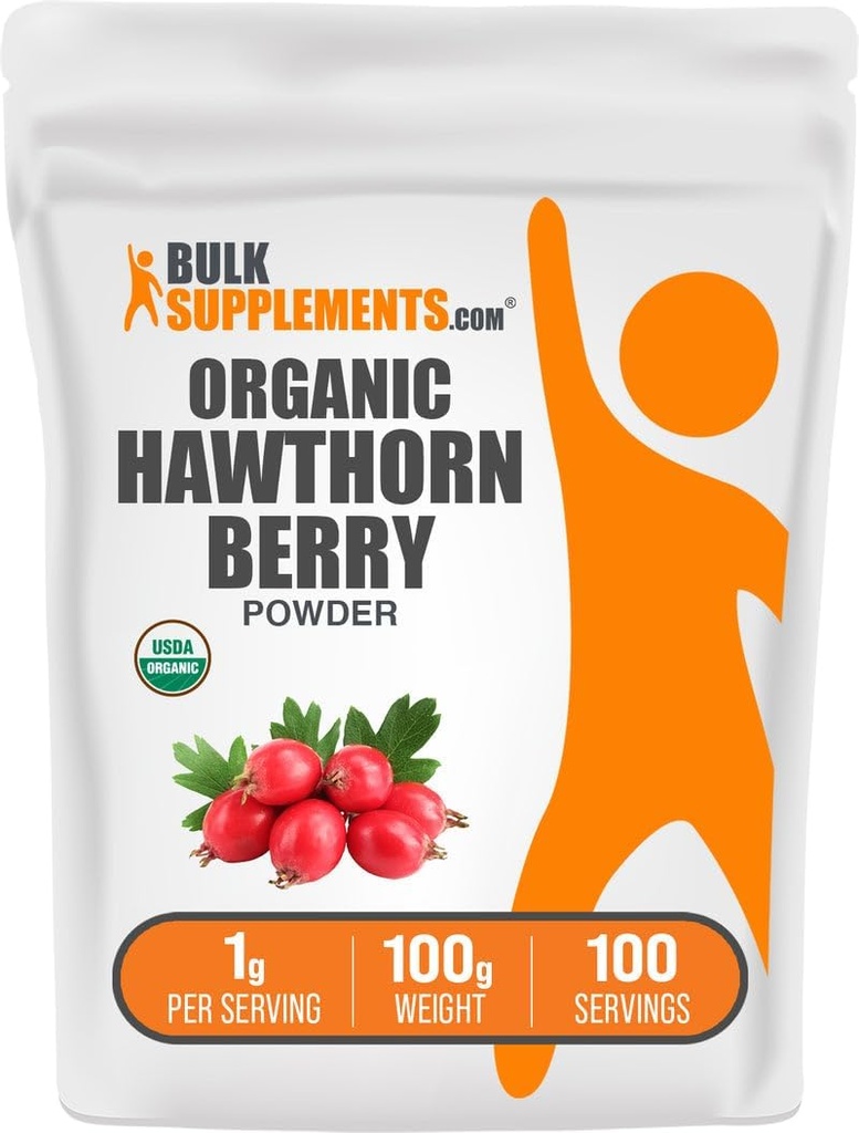 BulkSupplements.com Poudre de baies de Hawthorn biologique - supplément à base de plantes, de baies de Hawthorn biologique - végétalien et sans gluten, 1g par portion, 100g (3.5 oz) (paquet de 1)