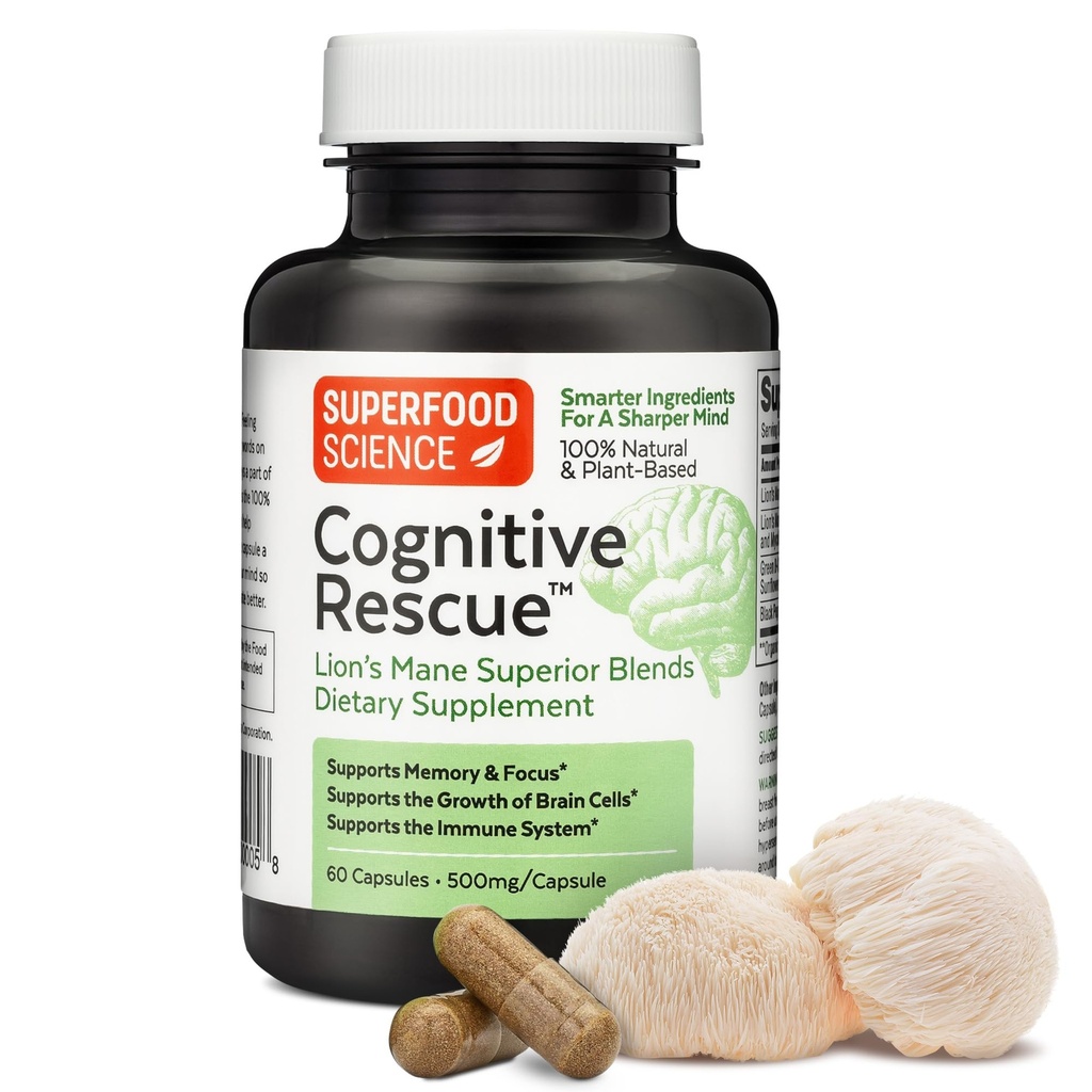 Sauvetage cognitif, Capsules de champignons de la Mane du Lion avec extrait double de la Mane du Lion, Nootropics, Supplément Cerveau pour la mémoire et le focus, Soutien immunitaire des champignons avec complexe Vitamines B, BioPerine, 60 capsules