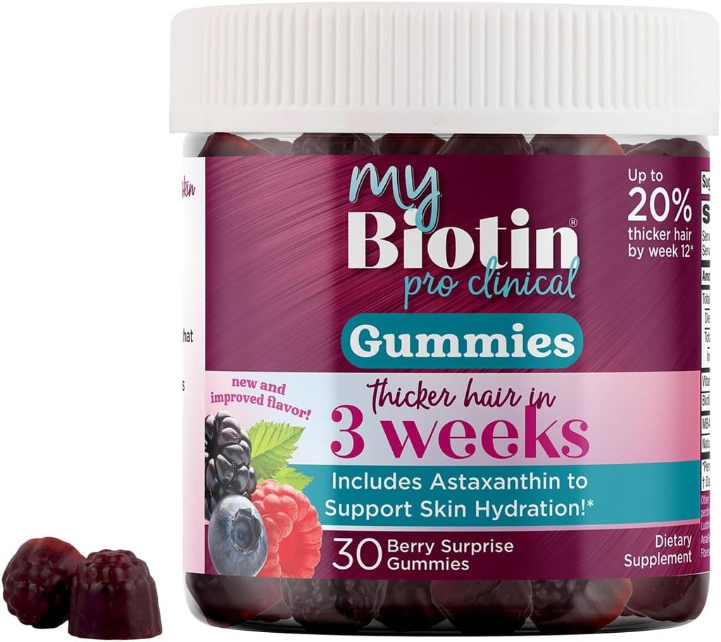 Produits de pureté MyBiotin ProGommies cliniques - Cheveux plus épais à partir de 3 semaines et combats rides - MB40X Biotin Matrix w/Astaxanthin - 40X Plus Soluble vs Biotin ordinaire 30 Berry Gummy Chews