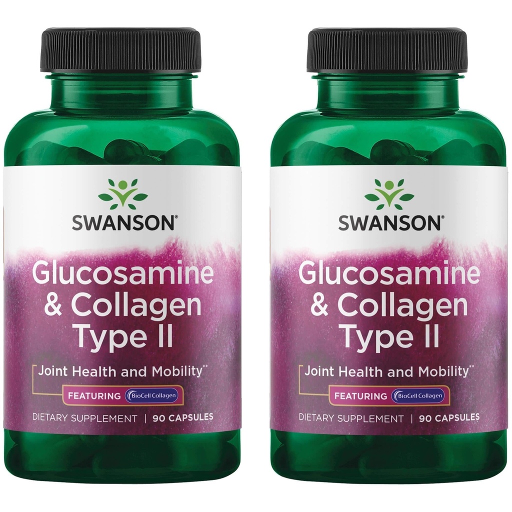 Swanson Glucosamine & BioCell Collagen Type II Joint and Skin Health Supplement for Active Adults Seeking Mobility and Skin Elasticity Support (90 Capsules, 2 Pack)