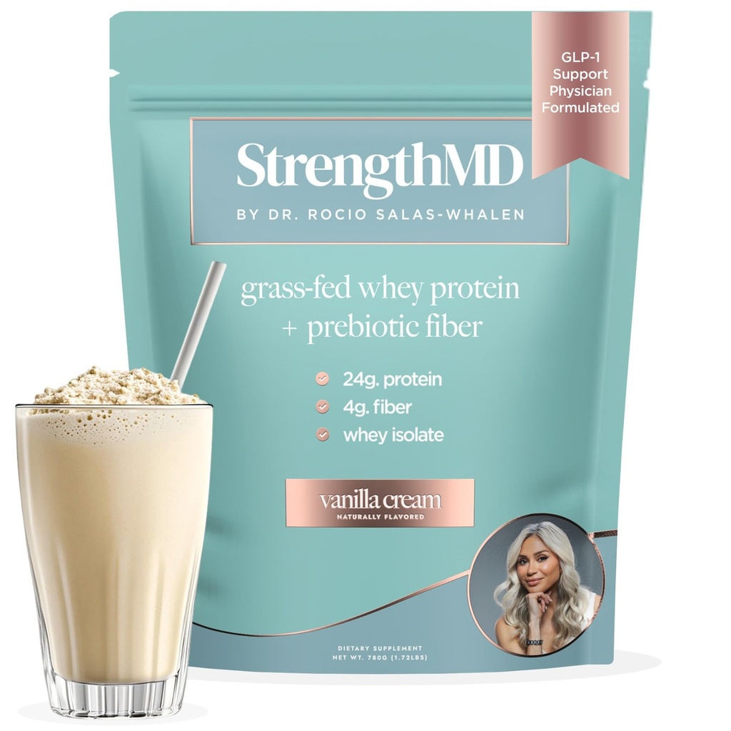 StrengthMD Physician Formulated Protein + Fiber Shake for GLP-1 Support | 24g Protein Grass-Fed Whey, 4g Fiber & Digestive Enzymes, Low Carb, No Added Sugar, Vanilla, 1.72 lb