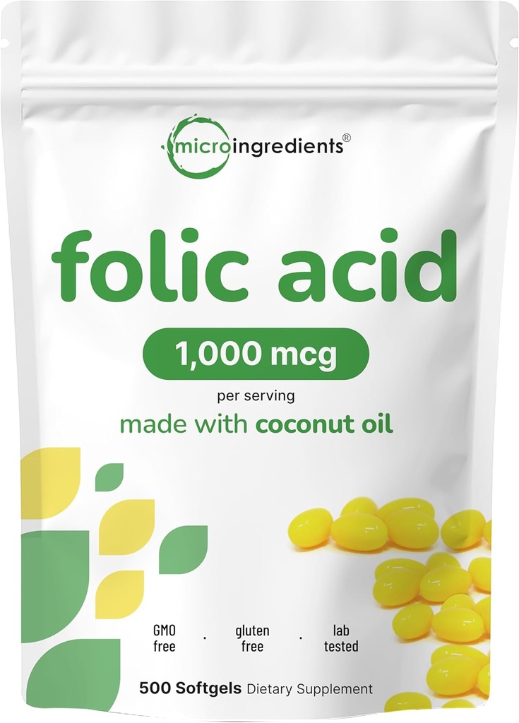 Acide folique 1 000 mcg, 500 softgels à l'huile de coco (1mg)