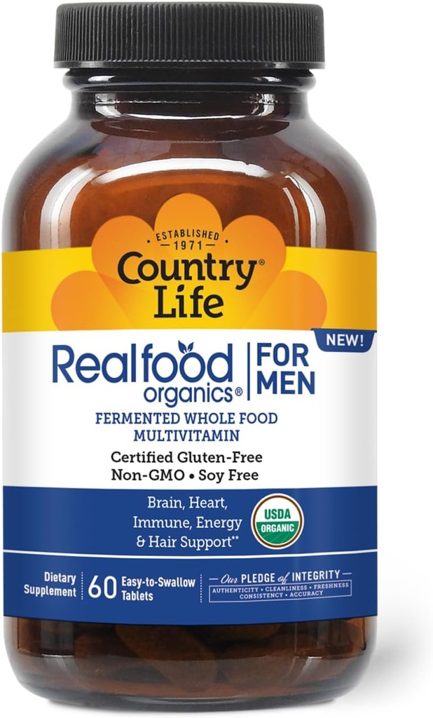 Country Life RealFood Organics pour les hommes – 60 comprimés de 1300mg Produits entiers fermentés biologiques, 7-Mushroom Superfood & Aloe – certifié sans gluten, végétalien et multivitamine biologique USDA