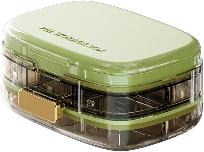 Organisateur de pilules avec compartiment supplémentaire pour les plats et les swabs, récipient de médicaments et suppléments portables, grand cas de pilules pour la maison et les voyages (vert)