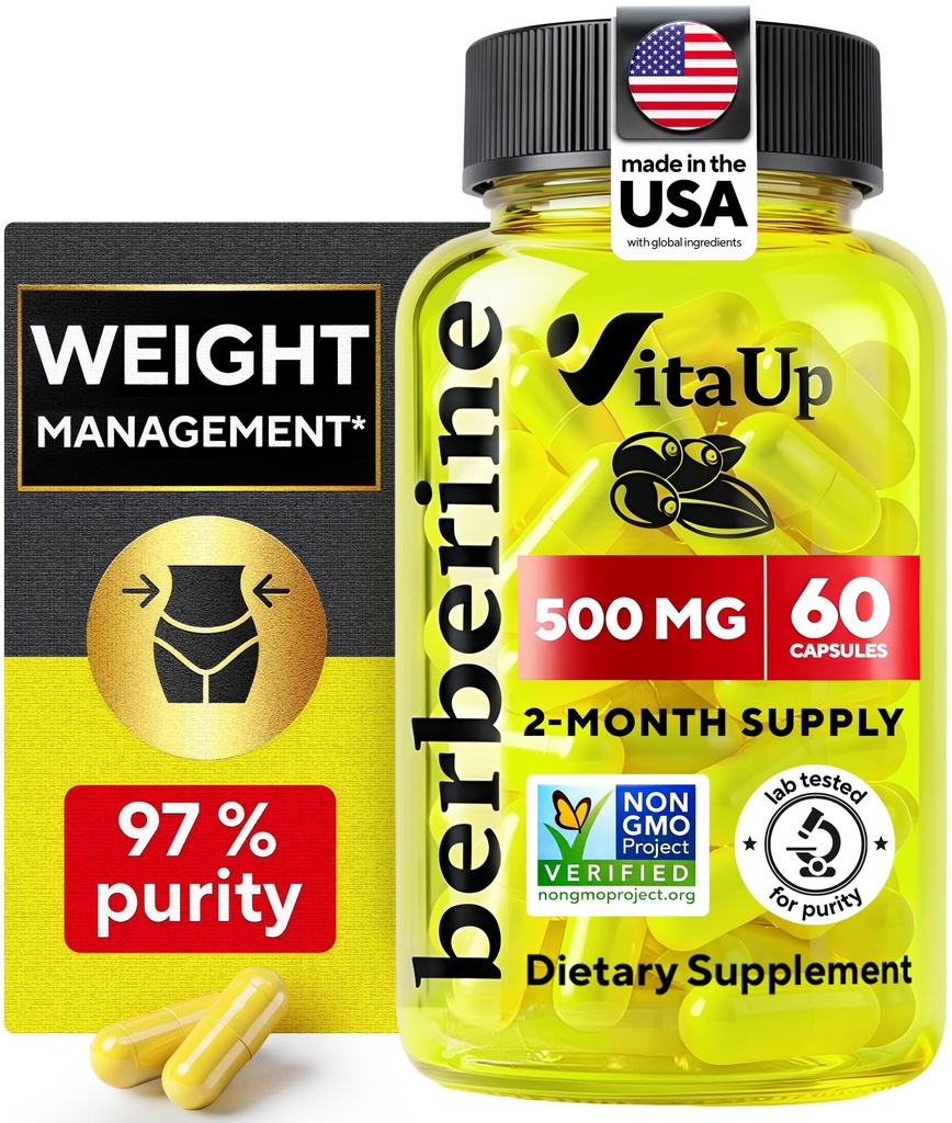 Supplément Berberine 500mg - USA Made Berberine 500mg - Non-OGM Berberine HCL - Suppléments Berberine pour la gestion du poids, l'énergie, le support immunitaire - 60 Capsules