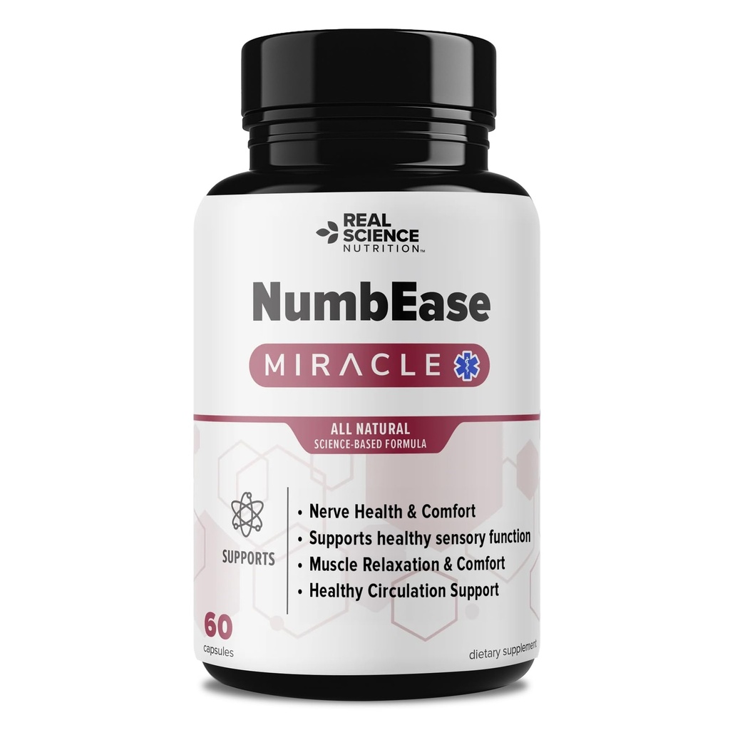 Real Science NumbEase Miracle - All Natural Nitric Oxide & Nerve Support Supplement for Nerve Comfort, Circulation & Healthy Sensation – GABA & Vinitrox Formula for Daily Mobility, 60 Capsules
