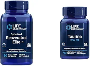 Extension de vie Optimisé Resveratrol Elite 60 Capsules et Taurine 1000mg 90 Capsules Bundle