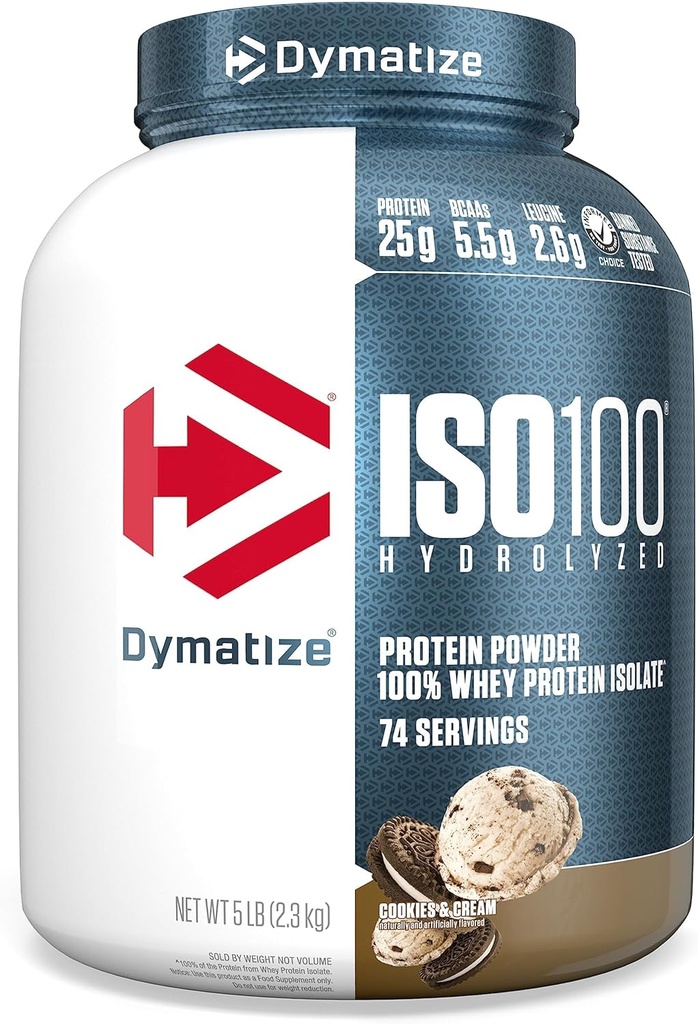 Dymatiser la poudre de protéines de lactosérum ISO100, les cookies et la crème, 25g de protéines, 5 livres, 5,5g BCAA, moins de 120cal., sans gluten, 1g de gras, 1g de sucre, 2g de glucides (74 portions)