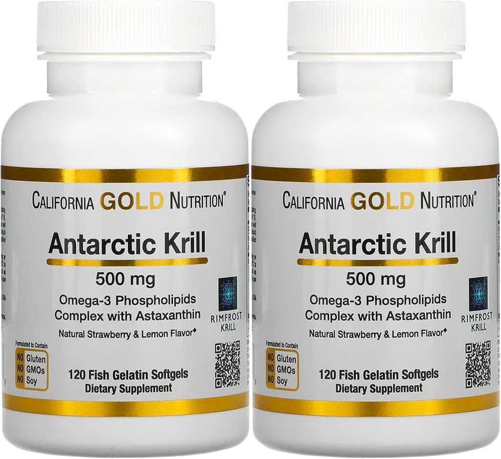 California Gold Nutrition Antarctic Krill Oil, ultra-haut Omega-3 avec astaxanthine, fraise naturelle et saveur de citron, non OGM, sans gluten, 500 mg, 120 Poissons softgels gélatine, 2 Pack