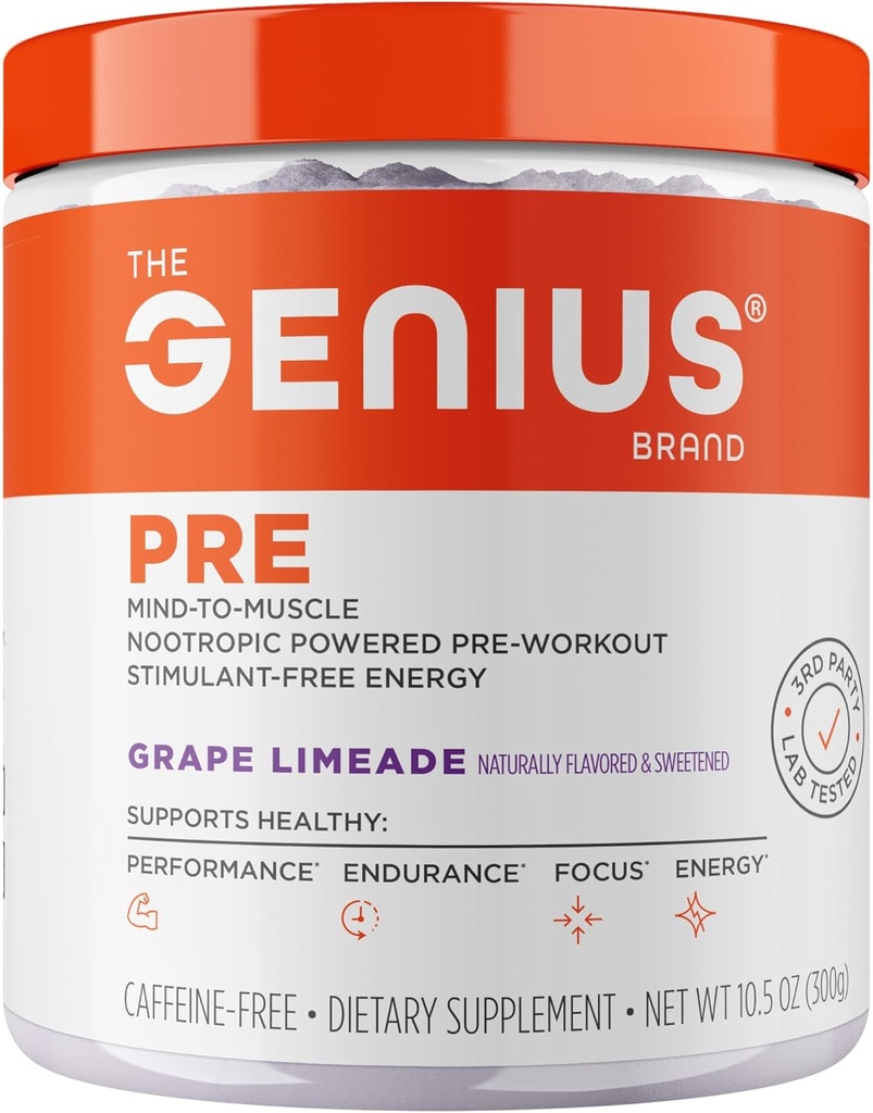 Genius Pre Caféine-Free pré entraînement énergie boosté, focus, performance formule nootrope AlphaSize, Citrulline Malate, CarnoSyn Beta Alanine Endurance, Stamina, récupération, 20 portions - Limeade de raisin