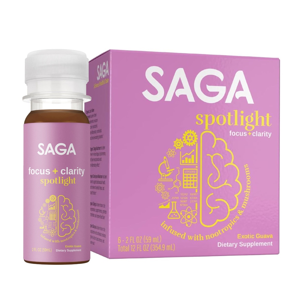 SAGA Spotlight Organic Focus Shots | Nootropic Shots with Bacopa, Ashwagandha & Lion’s Mane | Zero Sugar, 2 Calories, Travel Size | Natural Energy & Focus Supplement for Brain Boost | Exotic Guava
