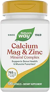 Nature's Way Calcium Magnésium & Zinc Mineral Complex, soutient la santé osseuse et la fonction musculaire*, Immune Support*, 765 mg par portion de 3 capsules, sans gluten, 100 capsules (paquetage May Vary)