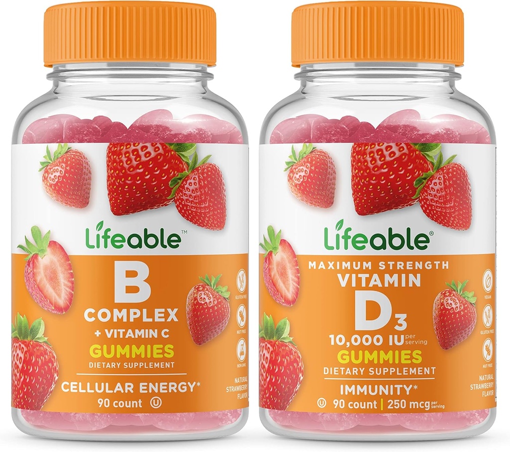 Lifeable B Complex + Vitamin D 10000 IU, Gummies Bundle - Great Tasting, Vitamin Supplement, Gluten Free, GMO Free, Chewable