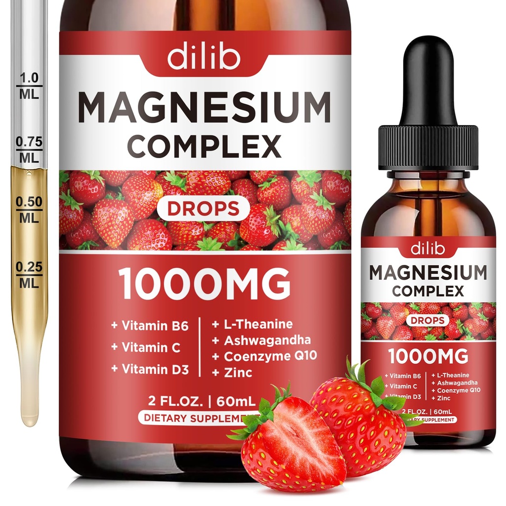 Supplément triple complexe de magnésium, glycinate de magnésium, mélange, citrate gouttes liquides 1000mg avec Ashwagandha, CoQ10, vitamine B6, C, D, zinc -Support de calme anti-stress, os, Muscle, Mood Vegan