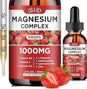 Supplément triple complexe de magnésium, glycinate de magnésium, mélange, citrate gouttes liquides 1000mg avec Ashwagandha, CoQ10, vitamine B6, C, D, zinc -Support de calme anti-stress, os, Muscle, Mood Vegan