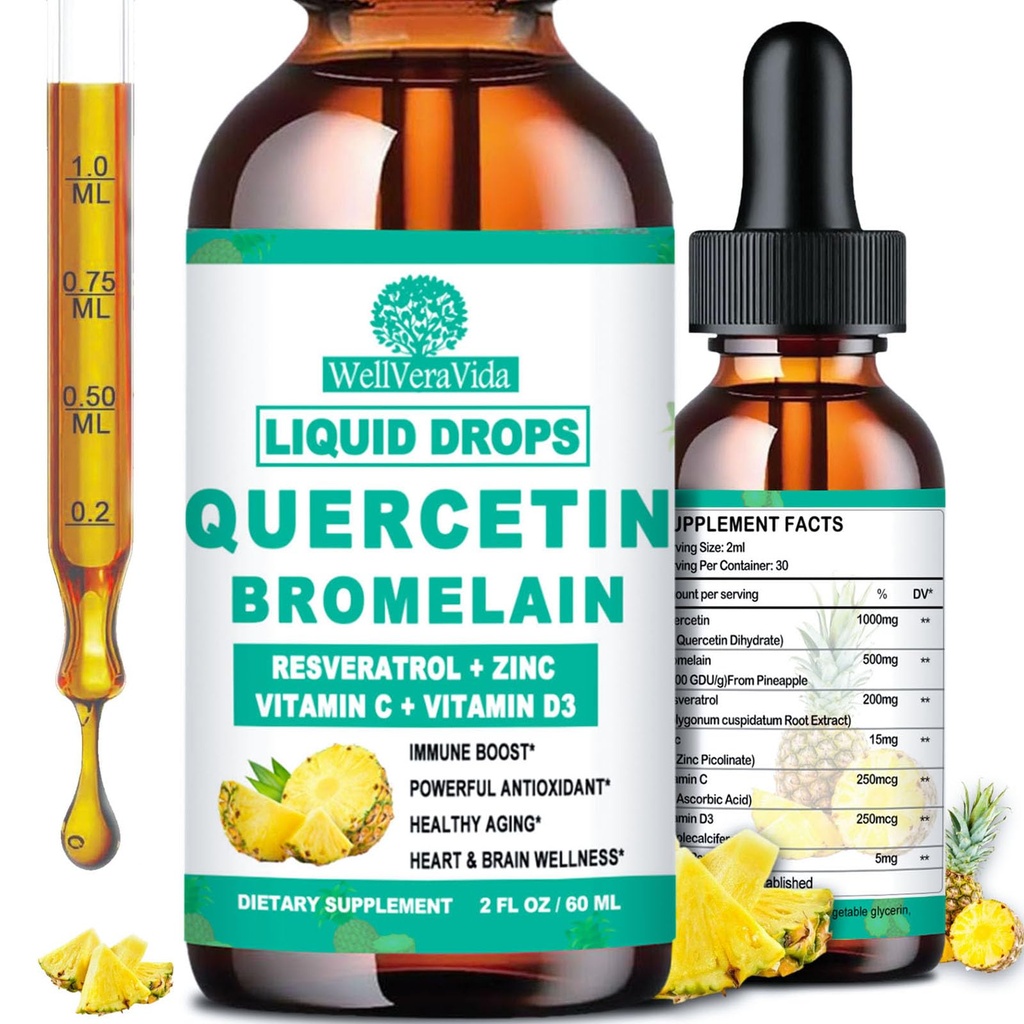 Quercetine avec gouttes liquides de bromelain, 4X plus forte que les capsules et les pilules, 7-en-1 biologique de zinc Quercetine 1000mg avec bromelain 500mg Vitamine C D3 Immune Support pour la santé respiratoire et antioxydant
