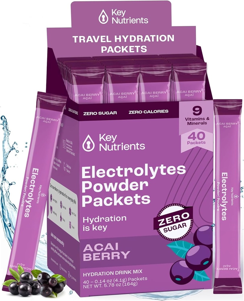 CLÉS NUTRIENTS Électrolytes Multivitamine Powder Packets - Delicious Acai Berry 40 Pack Hydratation Pack - Poudre d'hydratation Voyage - Pas de sucre, pas de calories, sans gluten - Fabriqué aux États-Unis