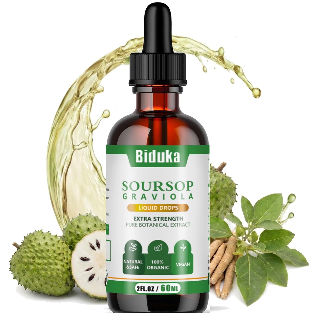 Organic Soursop Graviola Liquid Drops 3000mg with Ashwagandha & Black Seed Oil | Pure Natural Extract | Vegan, Non-GMO, Lab-Tested | Immune Support & Antioxidant Boost | 2 Fl Oz (60ml)