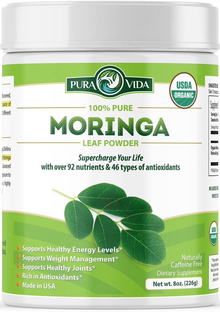 PURA VIDA MORINGA Poudre biologique d'origine unique - Premium 100% Poudre de feuille, USDA Bio Moringa Oleifera, Moringa Poudre de feuille - Parfait pour les smoothies et recettes. 8 oz.